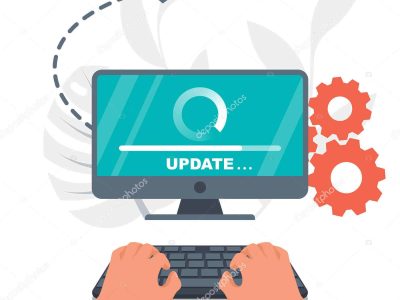 System update. The programmer behind the computer screen. Hands on the keyboard. New Version software. Installing update process. Template landing page. Data transfer. Vector illustration flat design.